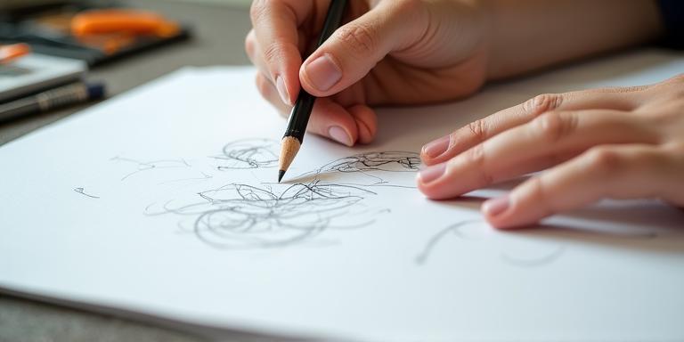 Student practising line and proportion exercises on paper