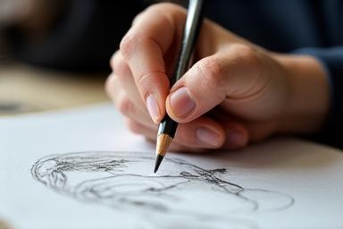 Close-up of student drawing facial features on cartridge paper